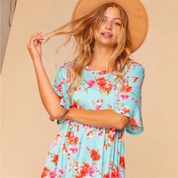 Size small Turquoise & Pink Floral Dress, EUC - Picture 3 of 6